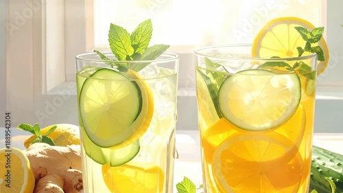 Refreshing summer drinks with lemon, cucumber, ginger, and mint, perfect for a healthy lifestyle.