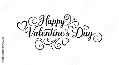 An elegant black and white calligraphy design showcasing the phrase happy valentine s day adorned with hearts and swirls