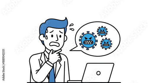 A worried businessman thinking about coronavirus while working on his laptop