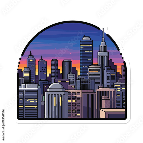 A city skyline illustration at sunset with tall buildings