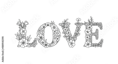 An intricately designed floral illustration spells out the word love showcasing delicate botanical details and artistry high quality