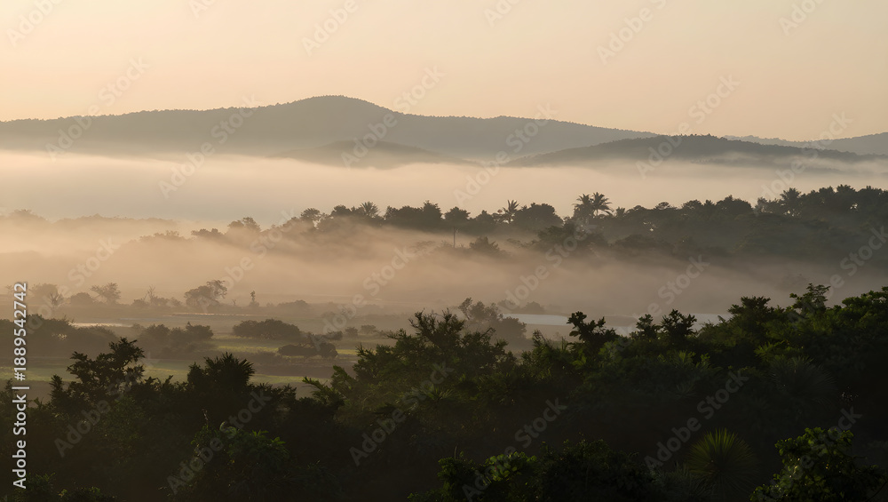 Obraz premium Foggy Sunrise Over Rolling Hills