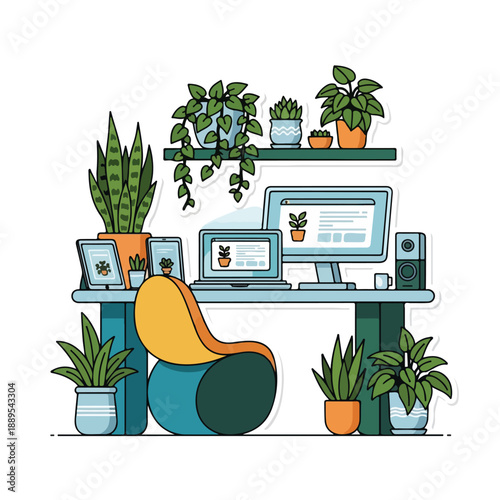 A cluttered desk with plants and computer equipment