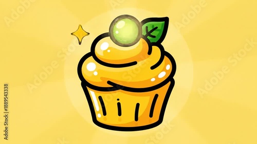 Yellow Cupcake with Green Decoration Animation.
