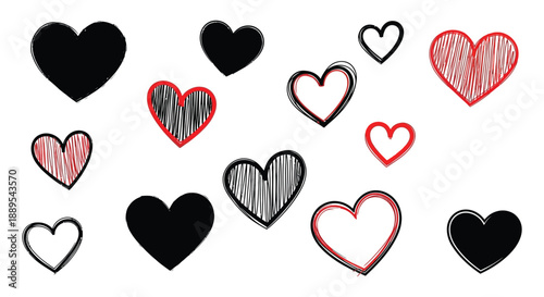 A collection of diverse hearts in varying styles and colors including black white and red showcasing affection