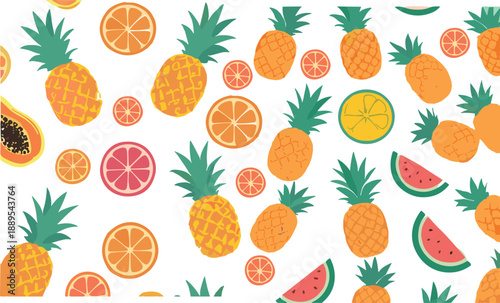 Seamless tropical fruit pattern with pineapple citrus papaya and watermelon, colorful summer food background vector illustration