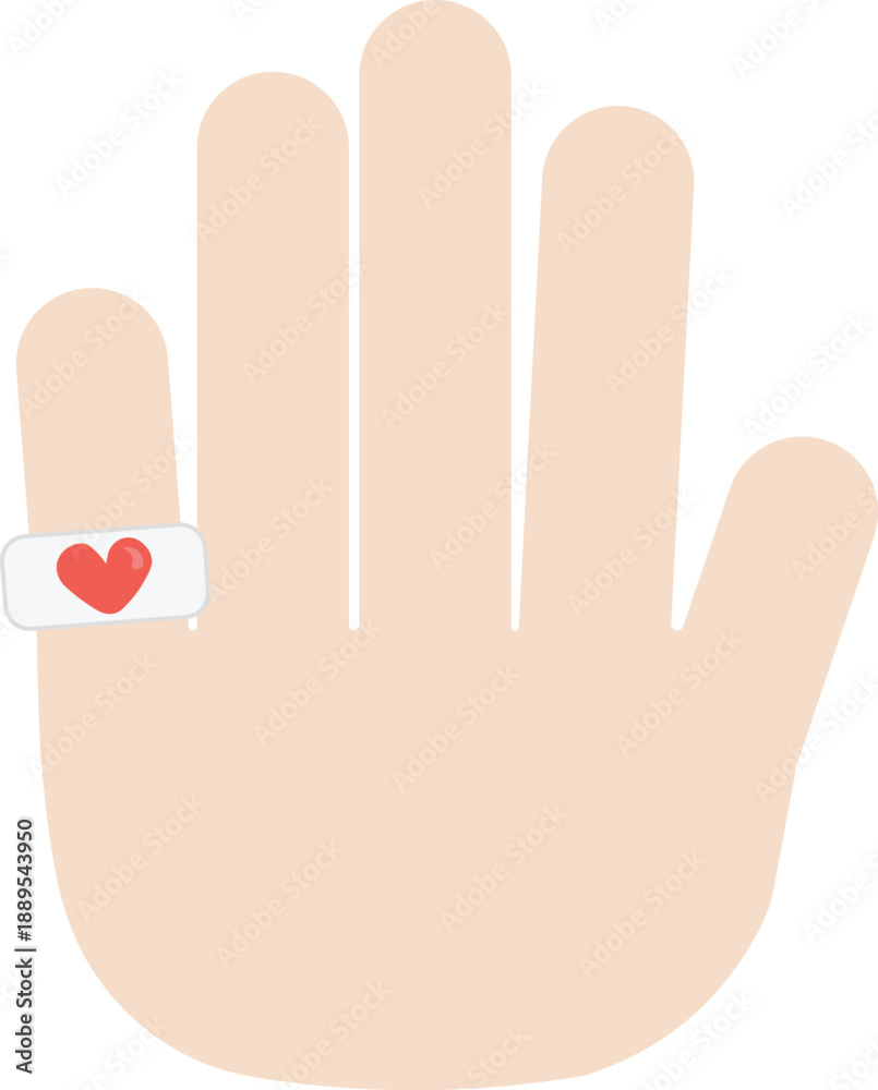 Obraz premium Minimal flat vector illustration of a human hand wearing a heart-shaped ring on the finger. Simple pastel design symbolizing love, care, romance, engagement, or emotional connection.