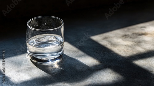 schnapps. A single cone-shaped glass with clear liquid and a melting ice cube on a dark surface. bar promotions, beverage menus, designed for food & beverage menus and cafe branding.