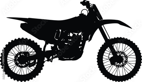 Black vector silhouette of a motocross biker performing an extreme jump on a sport motorcycle for a vintage race and speed transport illustration