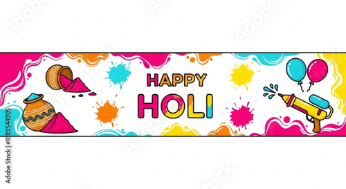 Vibrant holi celebration banner with colorful paint splatters and water guns on white background