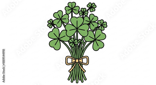 A bunch of green four leaf clovers tied with a brown bow on a white background symbolizing good luck and nature