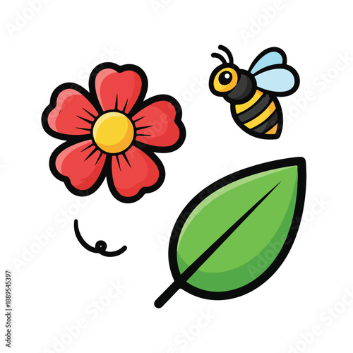 A colorful cartoon illustration of a bee, flower, and leaf