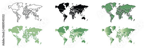 Collection of six world maps in various styles, including outline, solid fill, and gradient green, illustrating global geography and data visualization concepts.