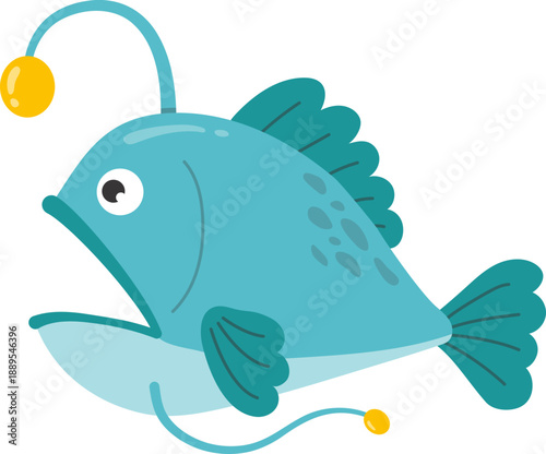 Cute Cartoon Vector Angler Fish with Yellow Light