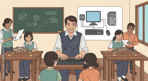 Teacher and students learning computer basics in a classroom setting.