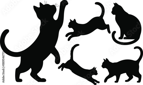 Shadow Cat Gestures Graphic Set, Minimalist Cat Movement Illustrations, Playful Black Cat Action Poses, Dynamic Feline Silhouette Collection, vector, illustration, silhouette