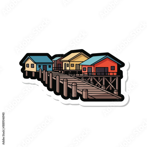 A colorful illustration of a pier with four houses