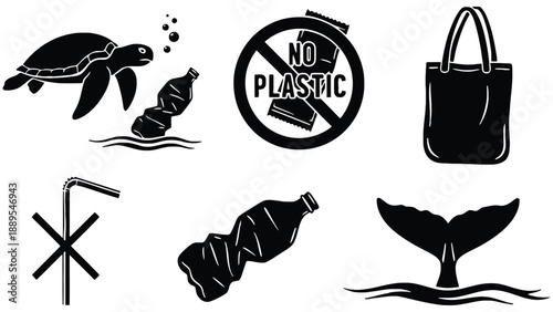 A set of eco-friendly icons promoting sustainability and reducing plastic waste