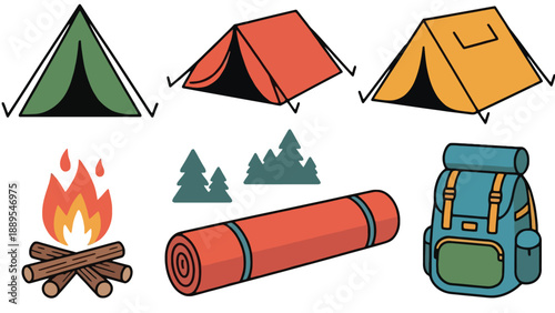 A colorful illustration of camping essentials including tents and gear
