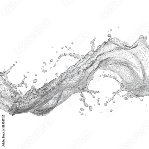 Rendered grayscale illustration of a flowing water splash against a dark background