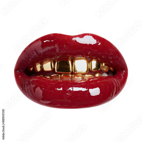 Close-up of glossy red lips revealing a gleaming gold grill on the teeth against a black background