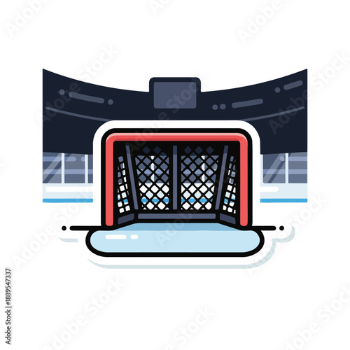 A hockey goal on ice rink with red frame
