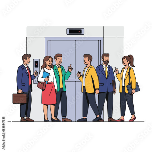 A group of business professionals standing in front of an elevator