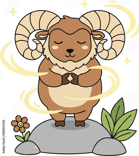 Cute cartoon ram meditating illustration with zodiac aries energy for kids mindfulness and character design