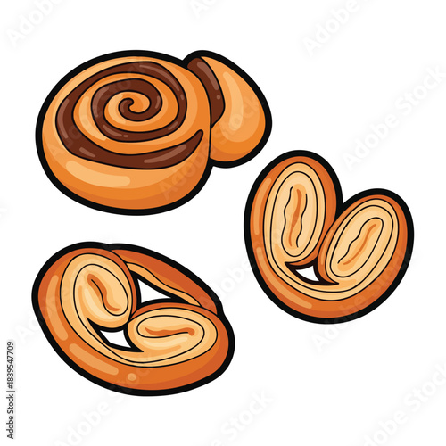 A digital illustration of three cinnamon rolls