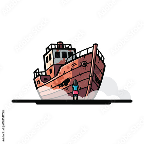 A girl standing before a rusty ship