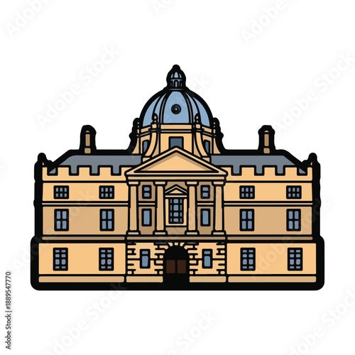 A large yellow building with a blue dome