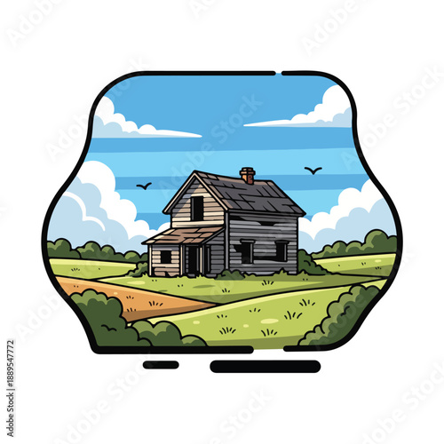 A dilapidated house on a grassy field