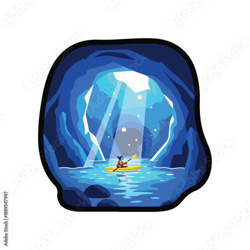 A kayaker paddles through a glowing blue ice cave