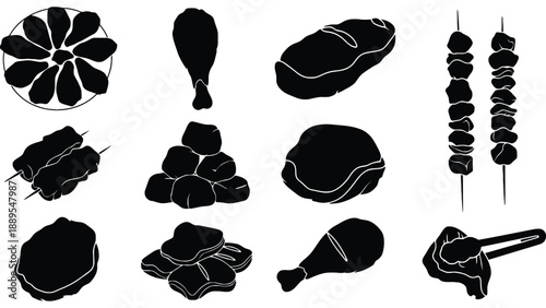 A collection of various raw meat cuts and skewers on a white background