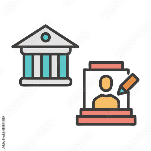 Bank building with person profile and pencil flat design