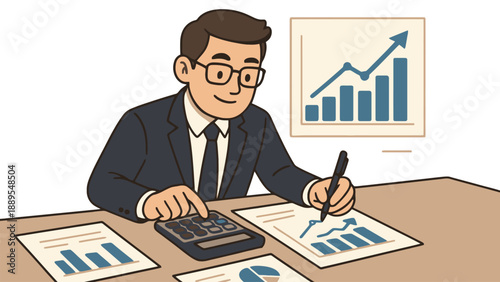 A businessman analyzing financial data at his desk with a calculator and pen