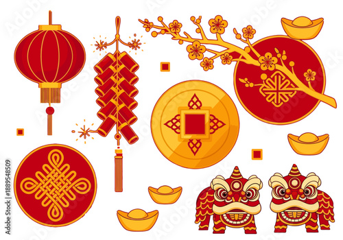 Asian New Year Elements with Lion Dance Masks and Ornaments