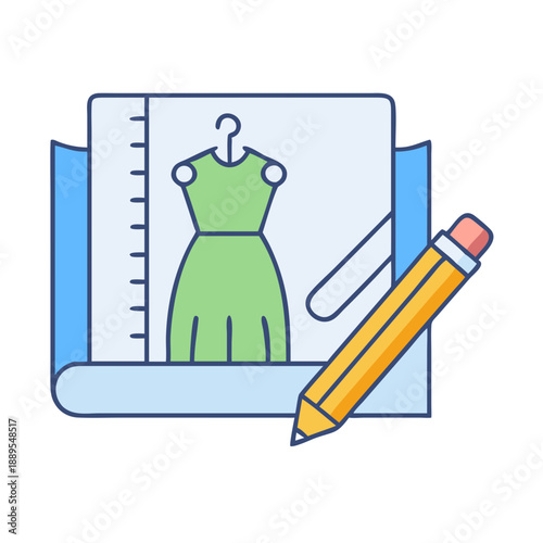 Dress design sketch with pencil on blueprint paper roll