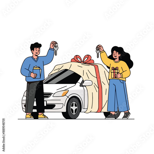 A man and a woman standing next to a gift-wrapped car