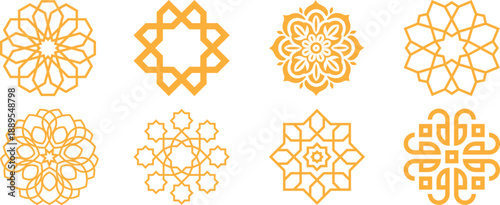 Arabic oriental floral icon set featuring traditional arabesque vectors, ornaments, and patterns. Abstract floral symbol and logo designed in an ornamental Islamic style, ideal for wedding invitation.