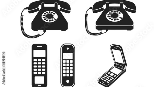 A collection of old and new telephones on a white background