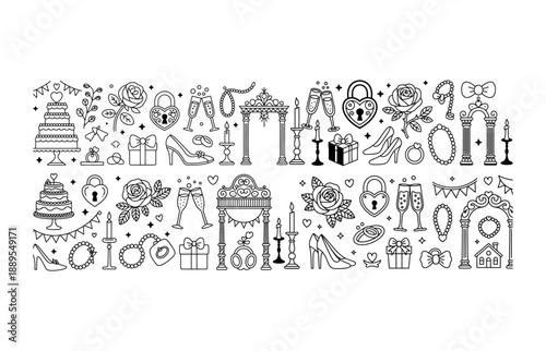 Black and White Line Art Icons for Wedding and Love Theme symbol graphic