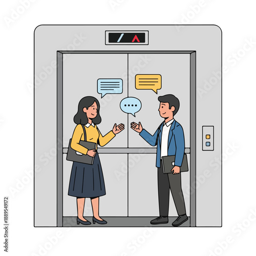 A man and woman talking in an elevator