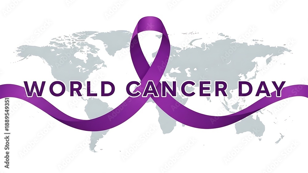 Fototapeta premium World Cancer Day awareness graphic featuring a prominent purple awareness ribbon overlaid on a subtle grey world map design emphasizing global solidarity against the serious disease.