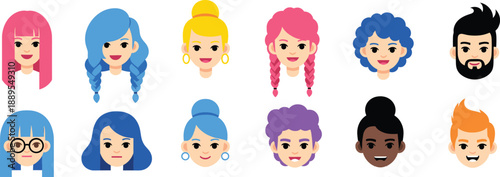 Set of colorful female and male avatar faces with different hairstyles, modern cartoon people icons, flat character vector collection