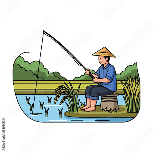 A man in a conical hat fishing on a serene lake