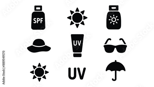 Black icons for sun protection and safety on a white background