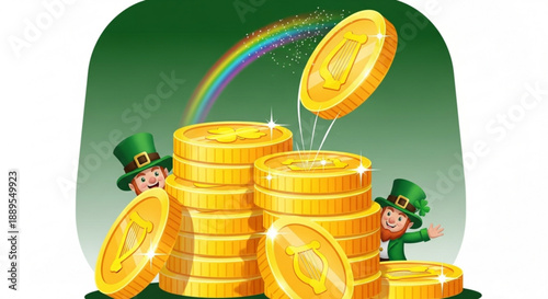 Two cheerful leprechauns stacking gold coins under a rainbow symbolizing good fortune and wealth in a whimsical illustration