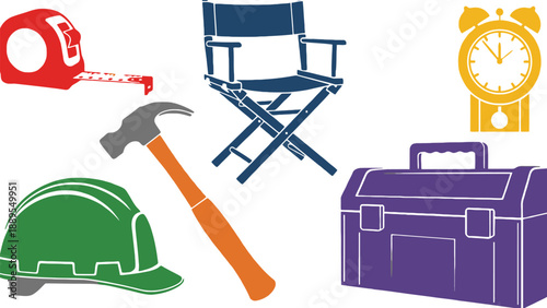 A collection of various tools and equipment for construction and filmmaking projects