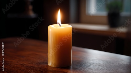 A single lit wax candle casts a warm glow on a polished wooden table in a softly lit room